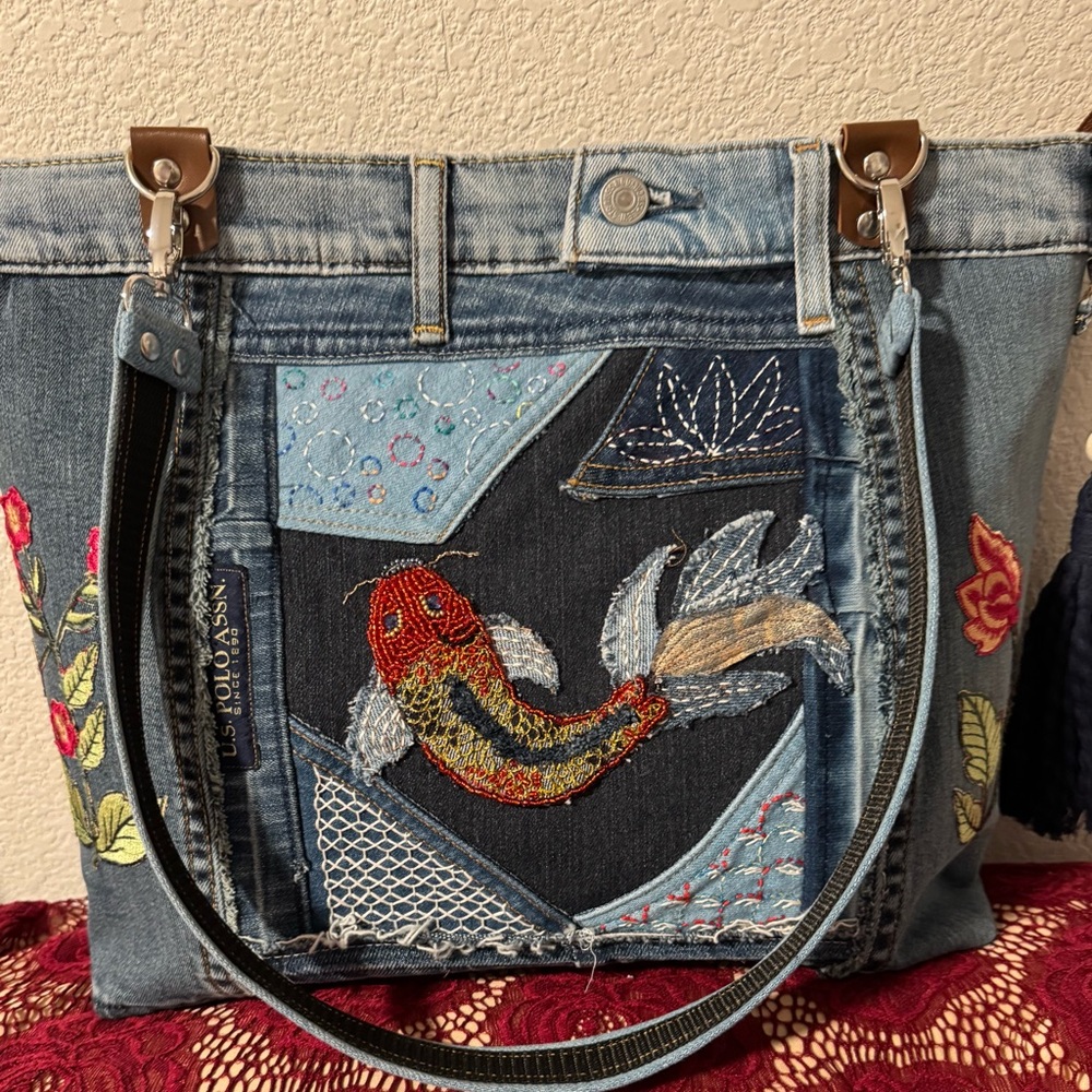 Handmade Upcycled Denim Tote Bag with Beaded Koi Fish–One of a Kind Artistic bag